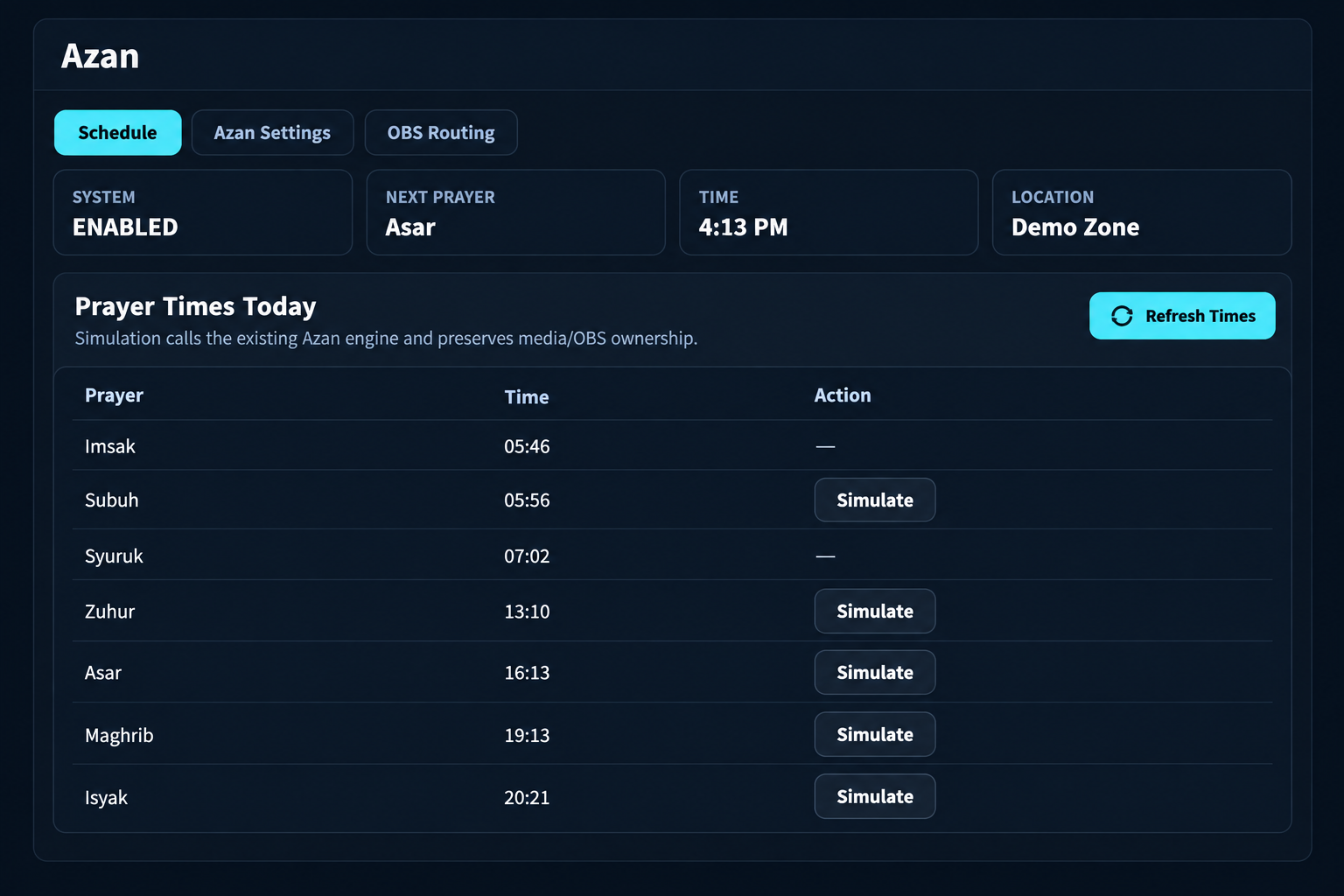 Rekreasi demo tab Schedule Azan dengan waktu solat, Refresh Times dan butang Simulate