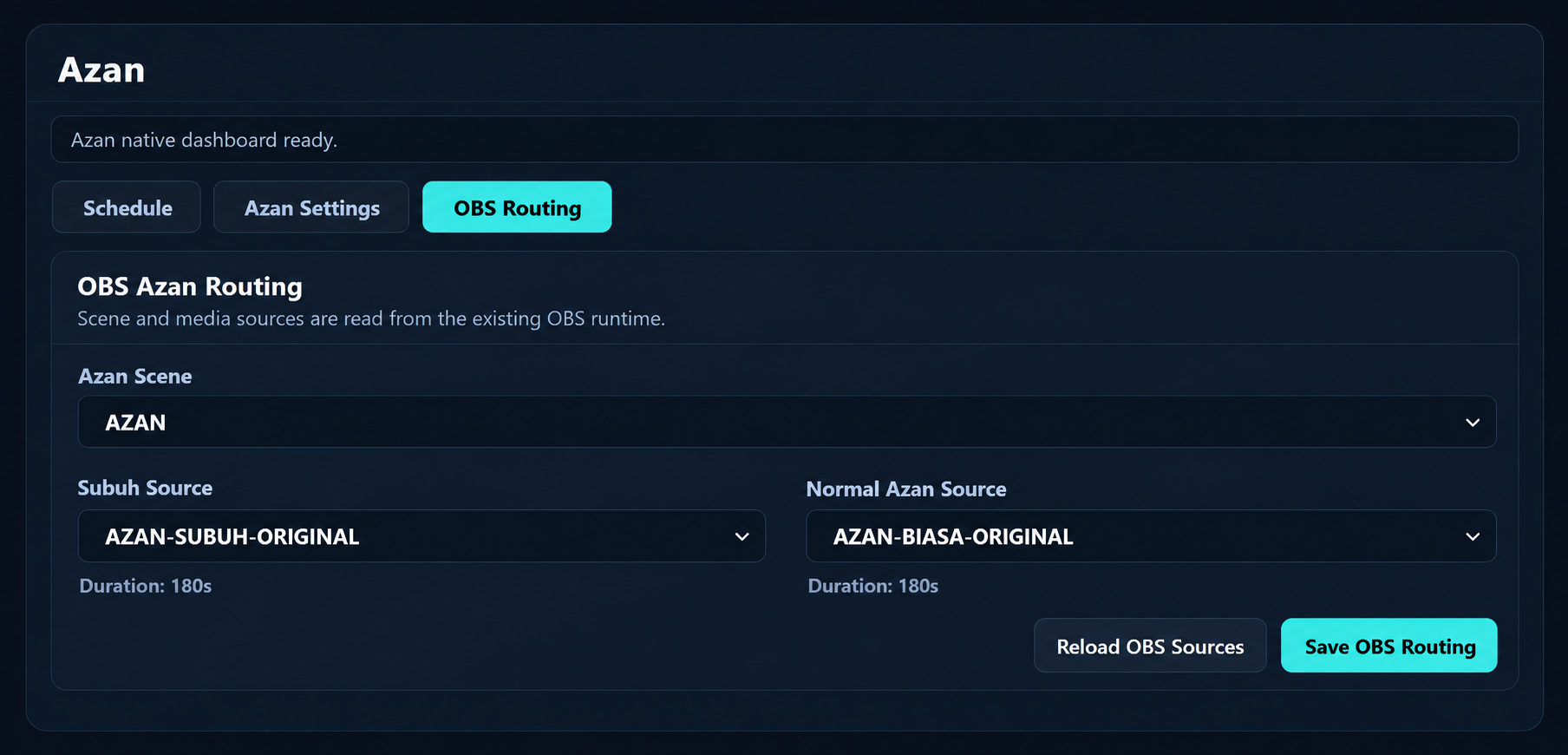 Rekreasi demo OBS Azan Routing dengan dua Media Source berbeza bagi Subuh dan azan biasa