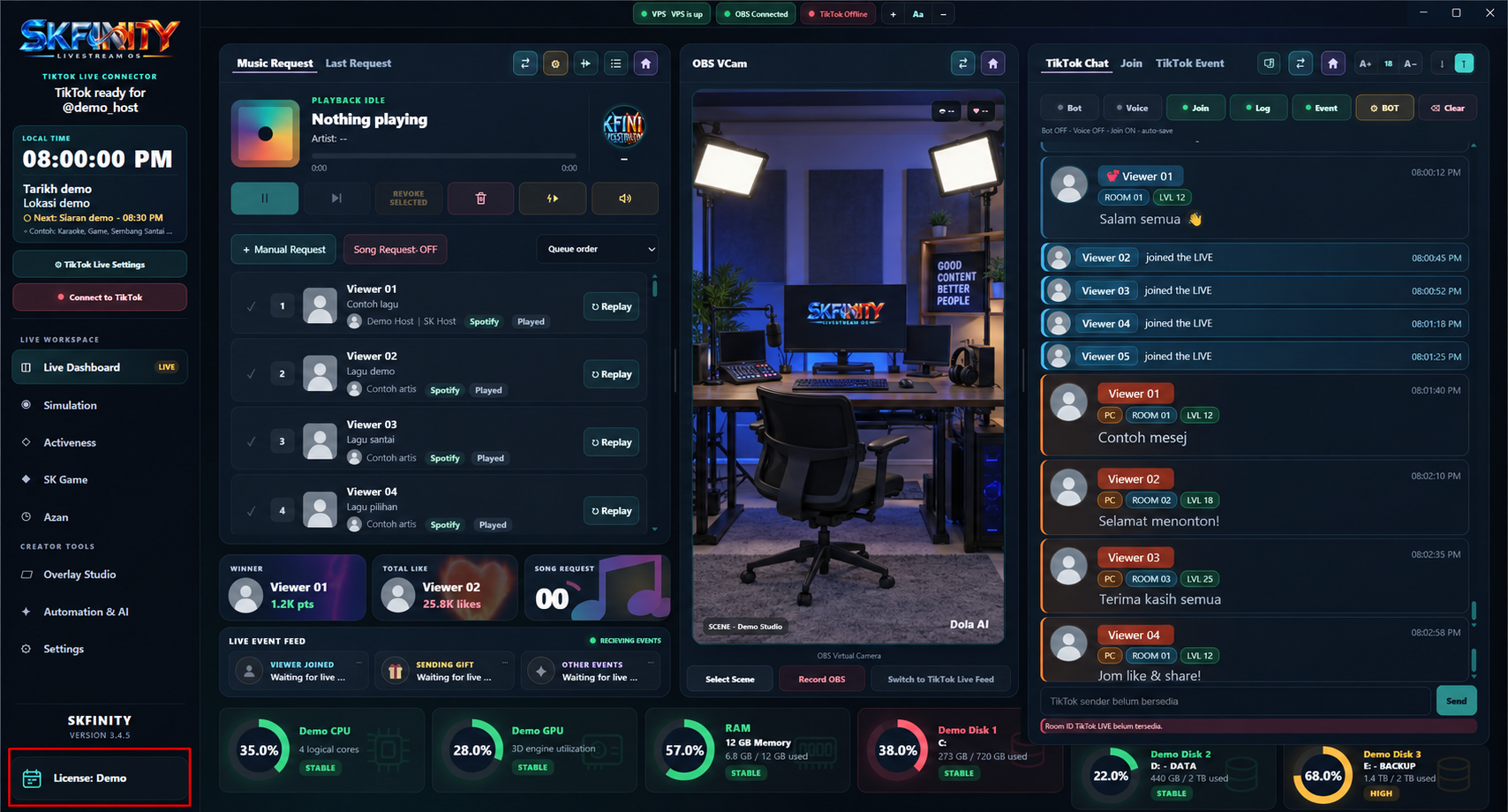 Rekreasi privacy-safe interface utama Live Dashboard SKFINITY
