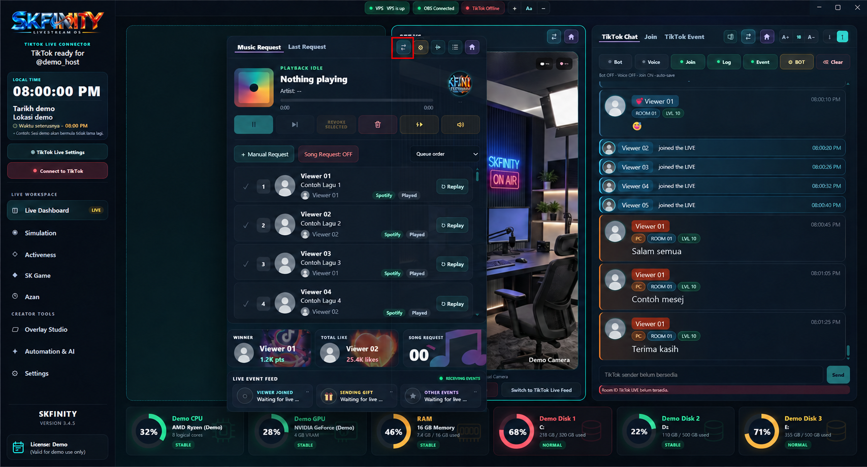 Rekreasi dashboard menunjukkan Music Request sedang dipindahkan menggunakan Move widget