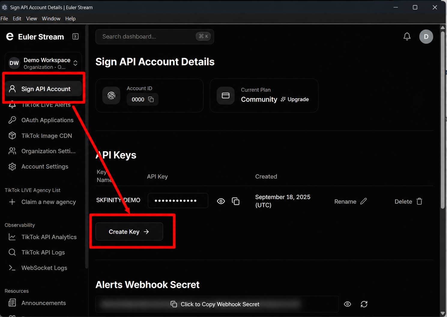 Rekreasi demo Euler Stream dengan Demo Workspace, Account ID 0000, key masked dan butang Create Key ditandakan