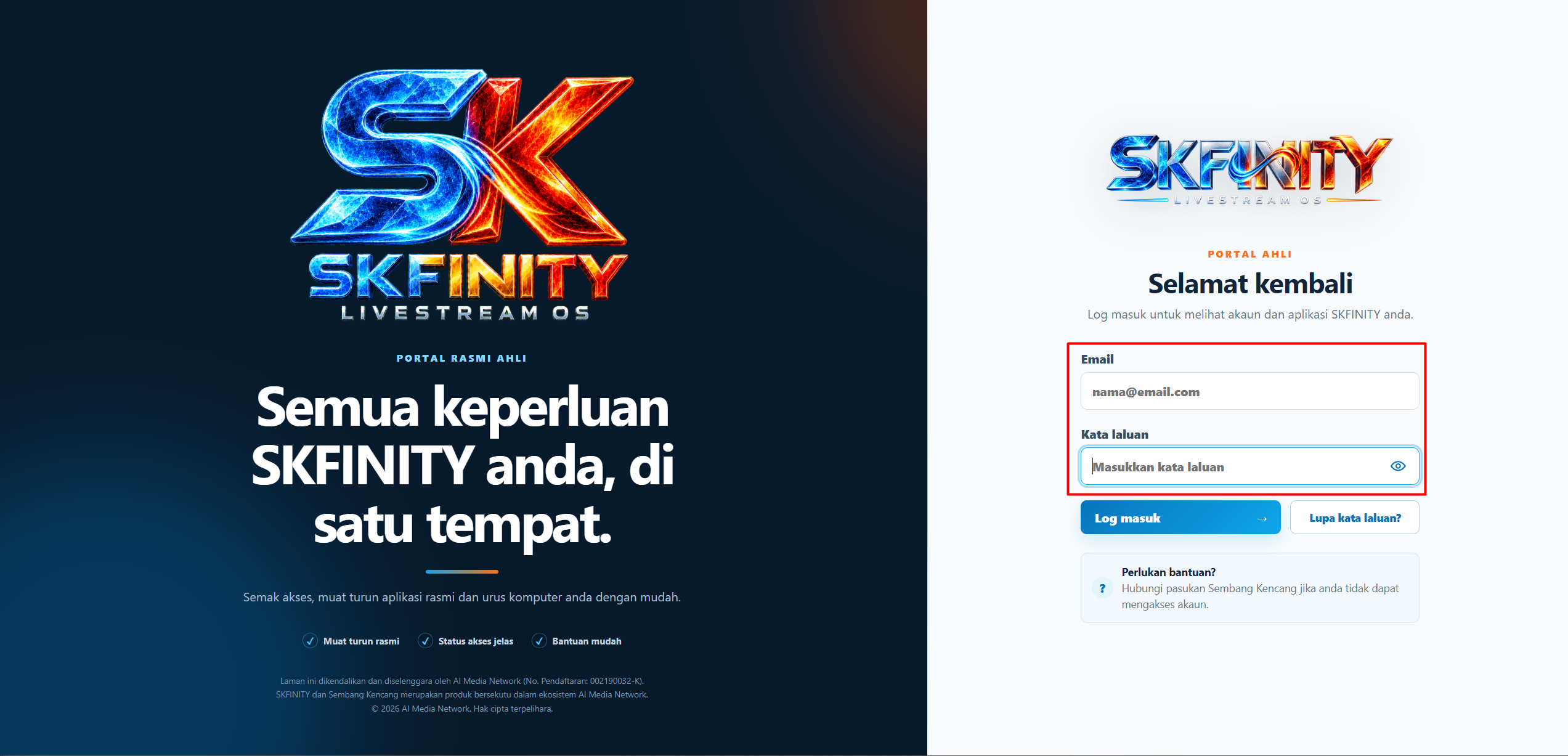 Halaman login rasmi User Portal SKFINITY dengan field email dan kata laluan ditandakan