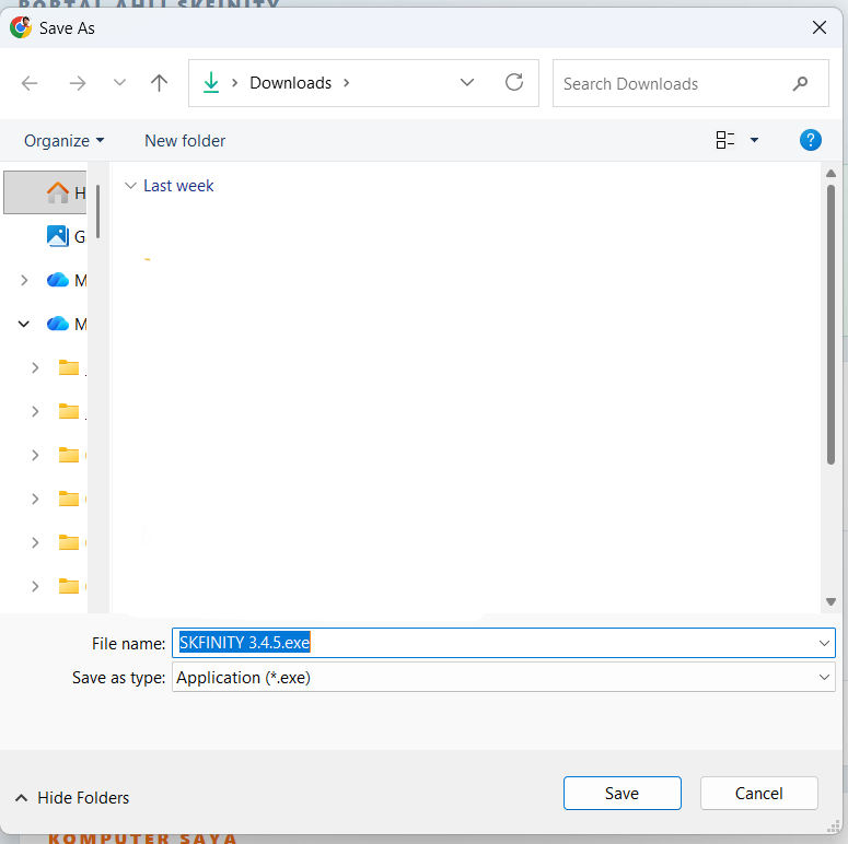 Dialog Save As Windows menunjukkan installer SKFINITY disimpan sebagai fail exe
