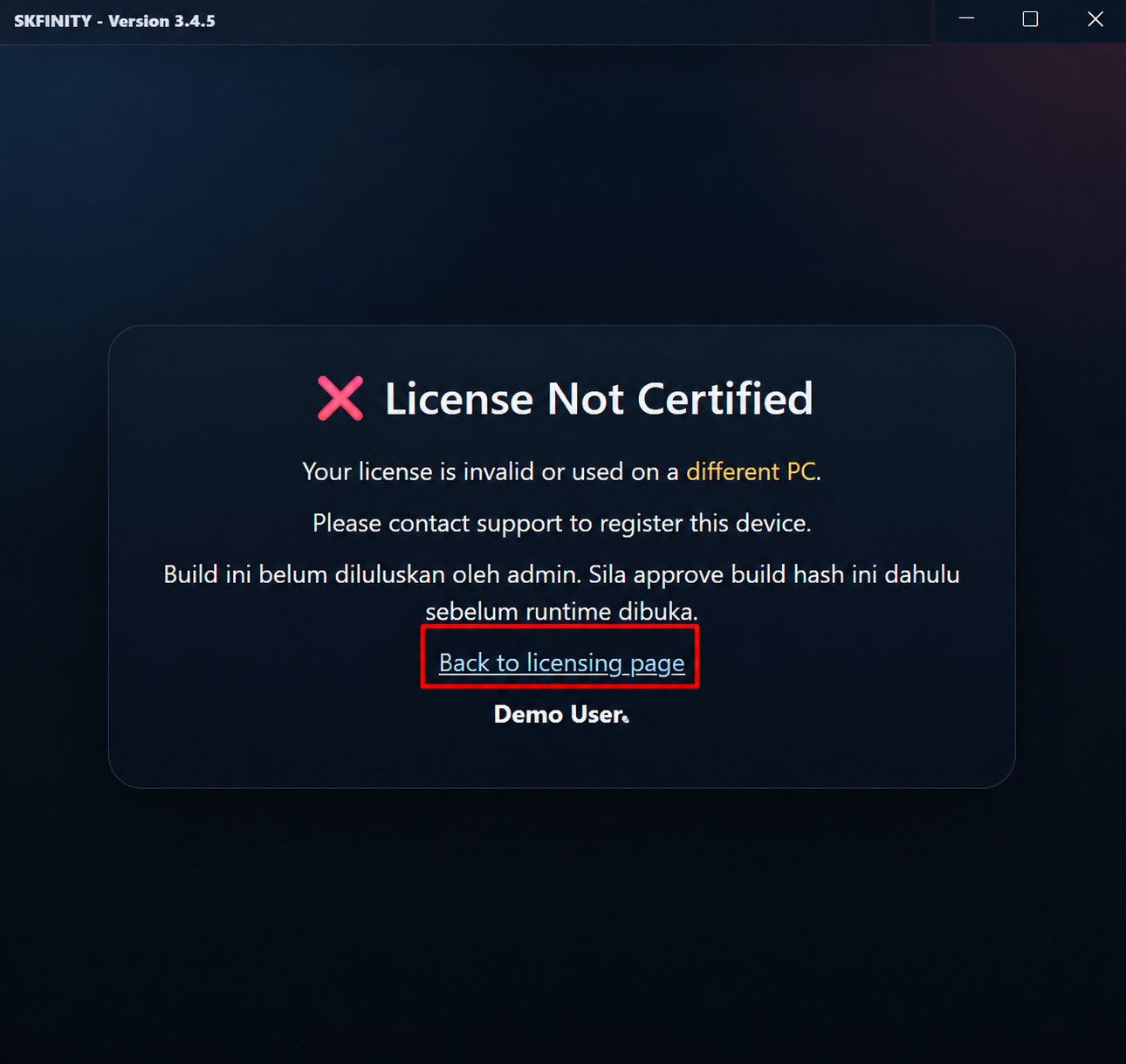 Rekreasi privacy-safe skrin License Not Certified dengan pautan kembali ke licensing page