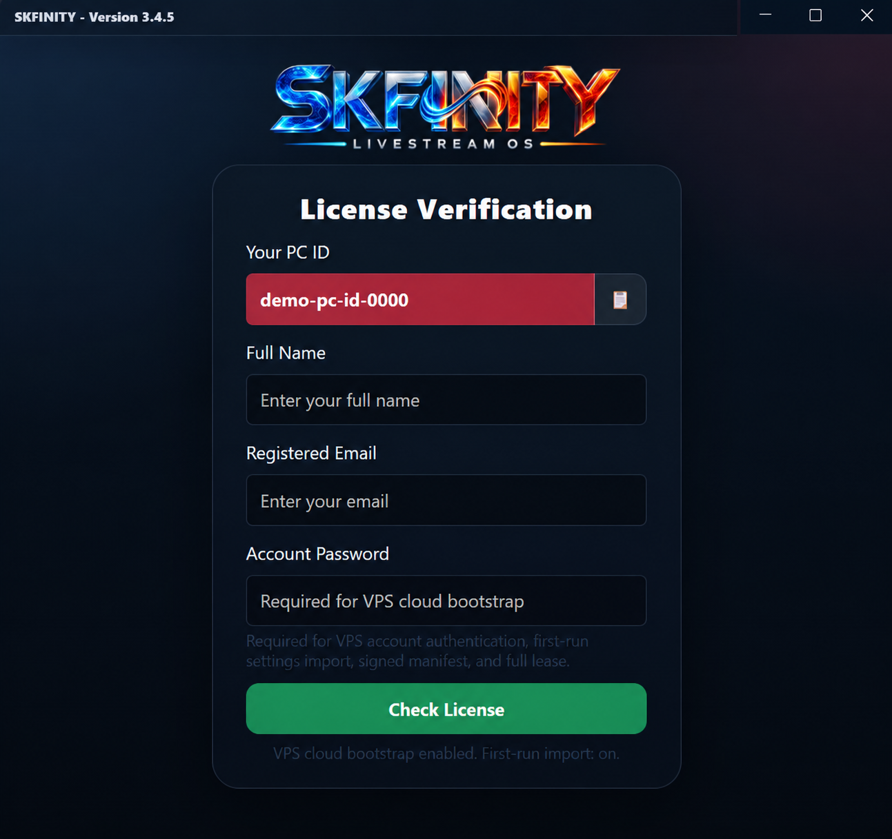 Rekreasi License Verification SKFINITY dengan PC ID demo dan field kosong