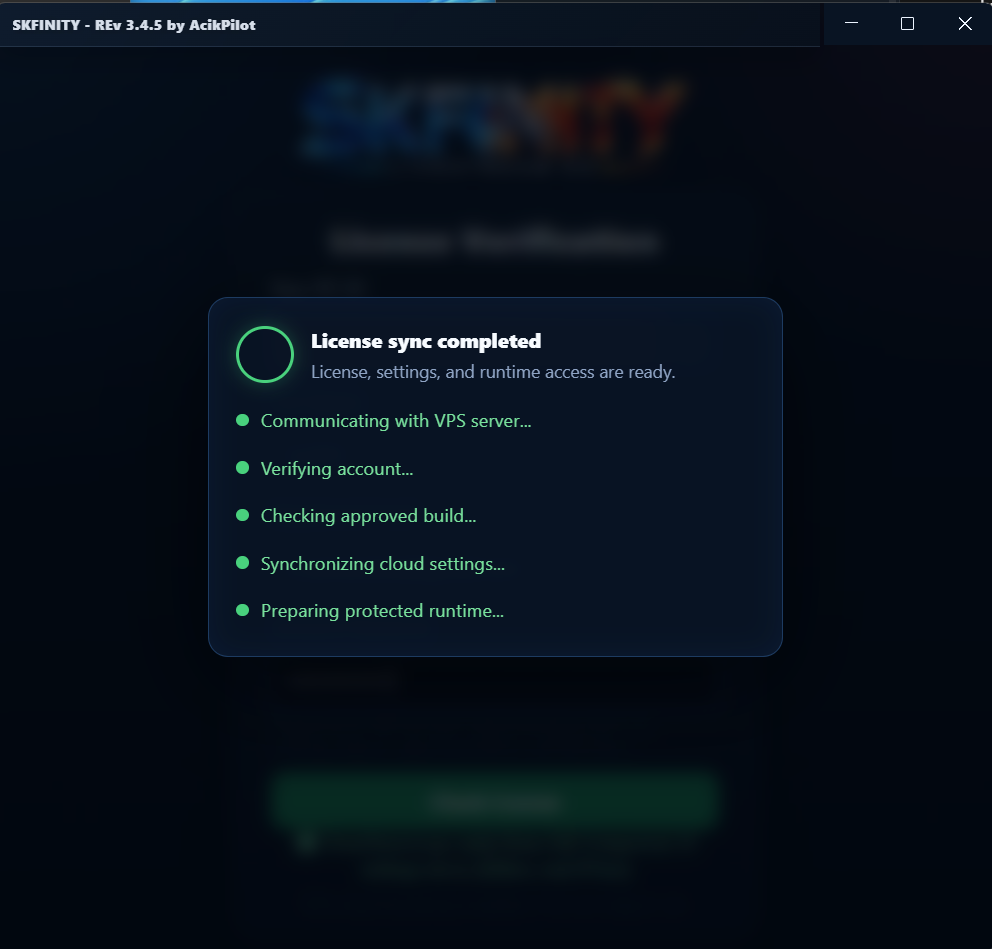 SKFINITY menunjukkan License sync completed dan startup checks