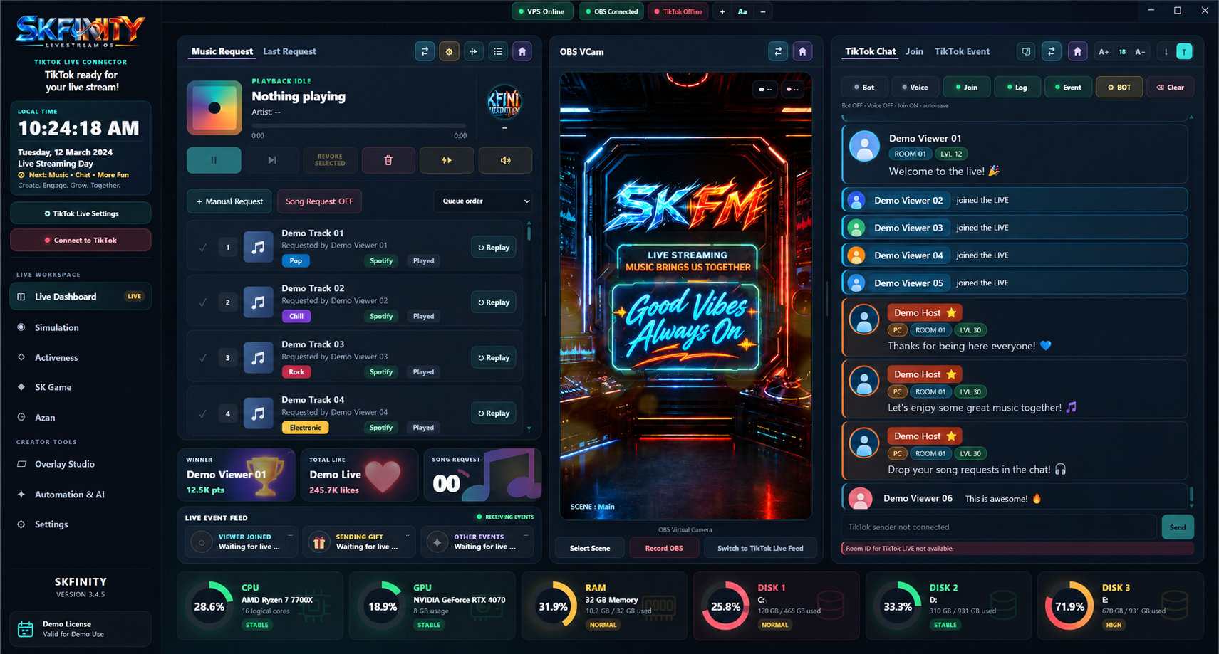 Paparan demo SKFINITY Live Dashboard dengan Music Request, OBS VCam dan TikTok Chat
