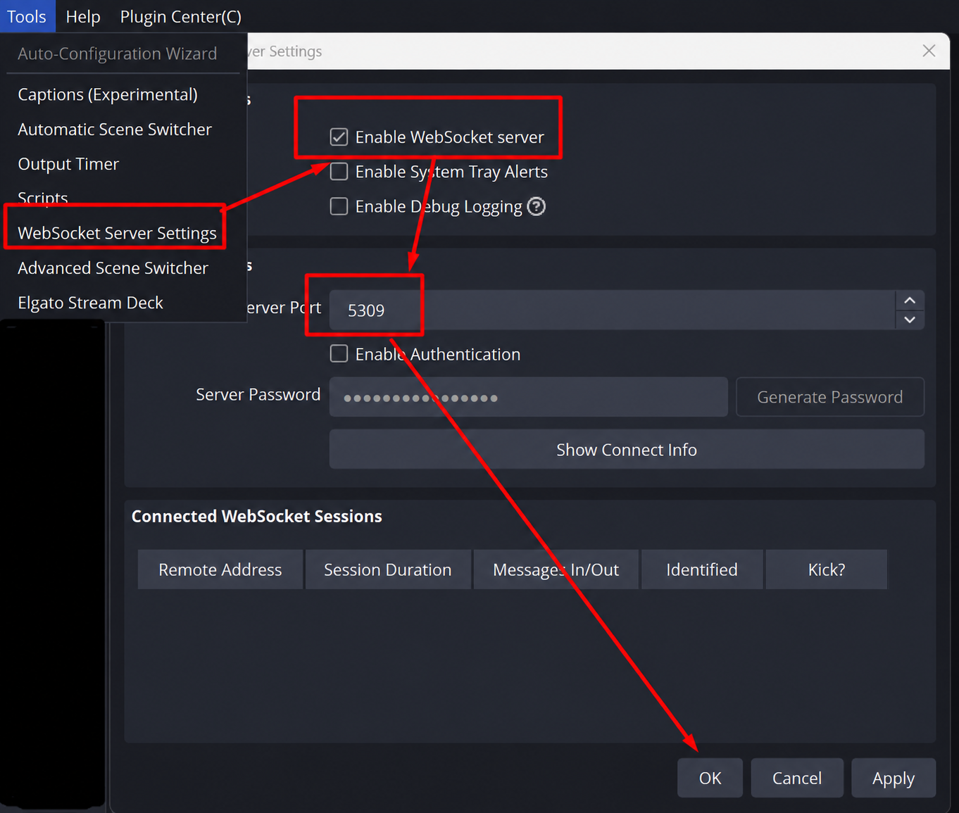Rekreasi selamat OBS WebSocket Server Settings dengan server diaktifkan dan port 5309 ditandakan