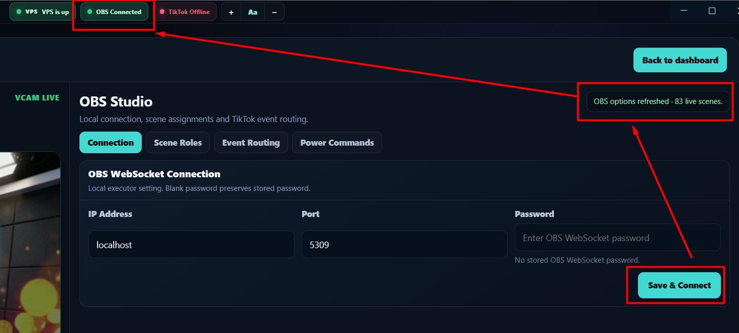 Status SKFINITY menunjukkan OBS Connected dan OBS options refreshed selepas Save & Connect