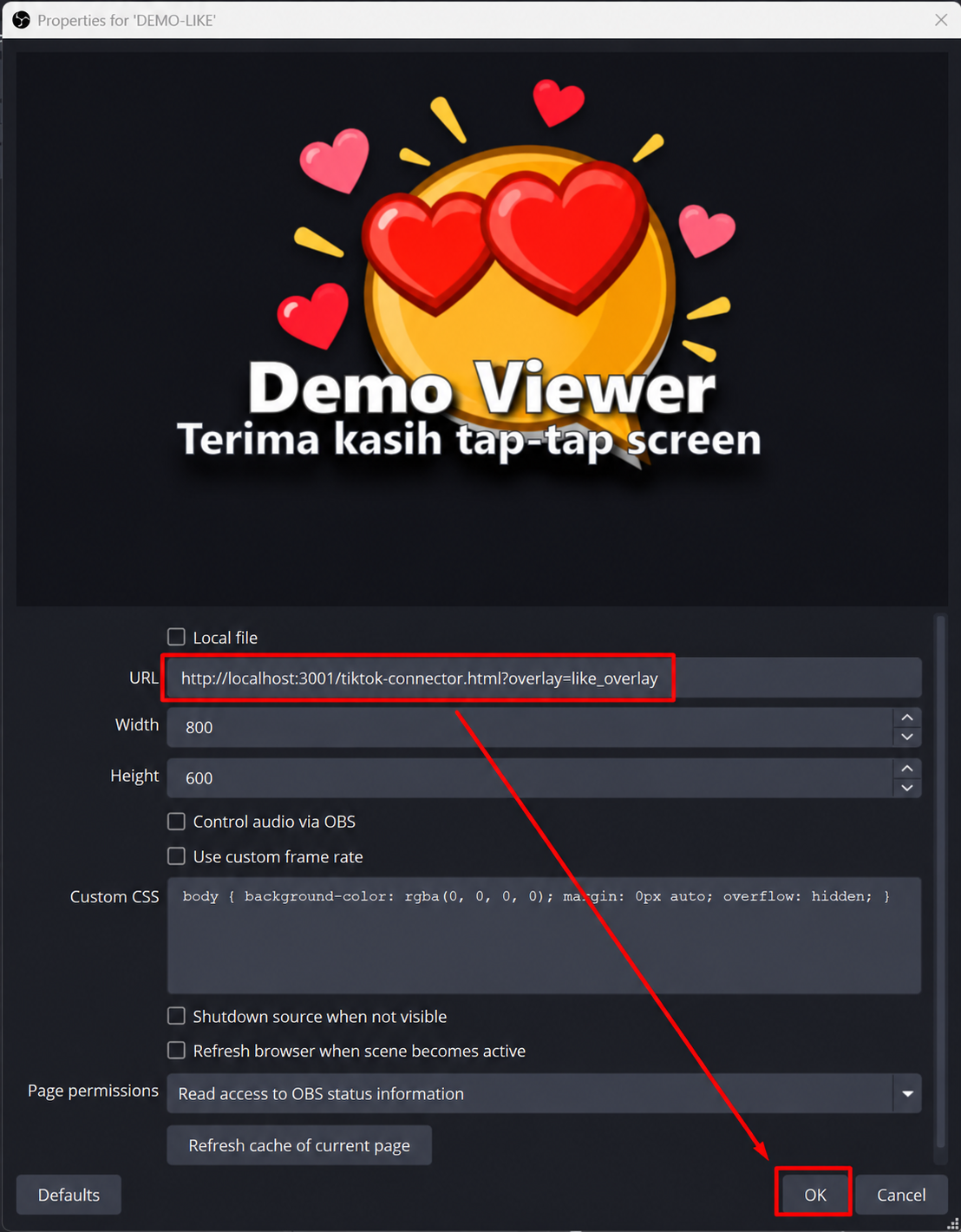 Rekreasi OBS Browser Source Properties dengan URL overlay Like, Width 800 dan Height 600