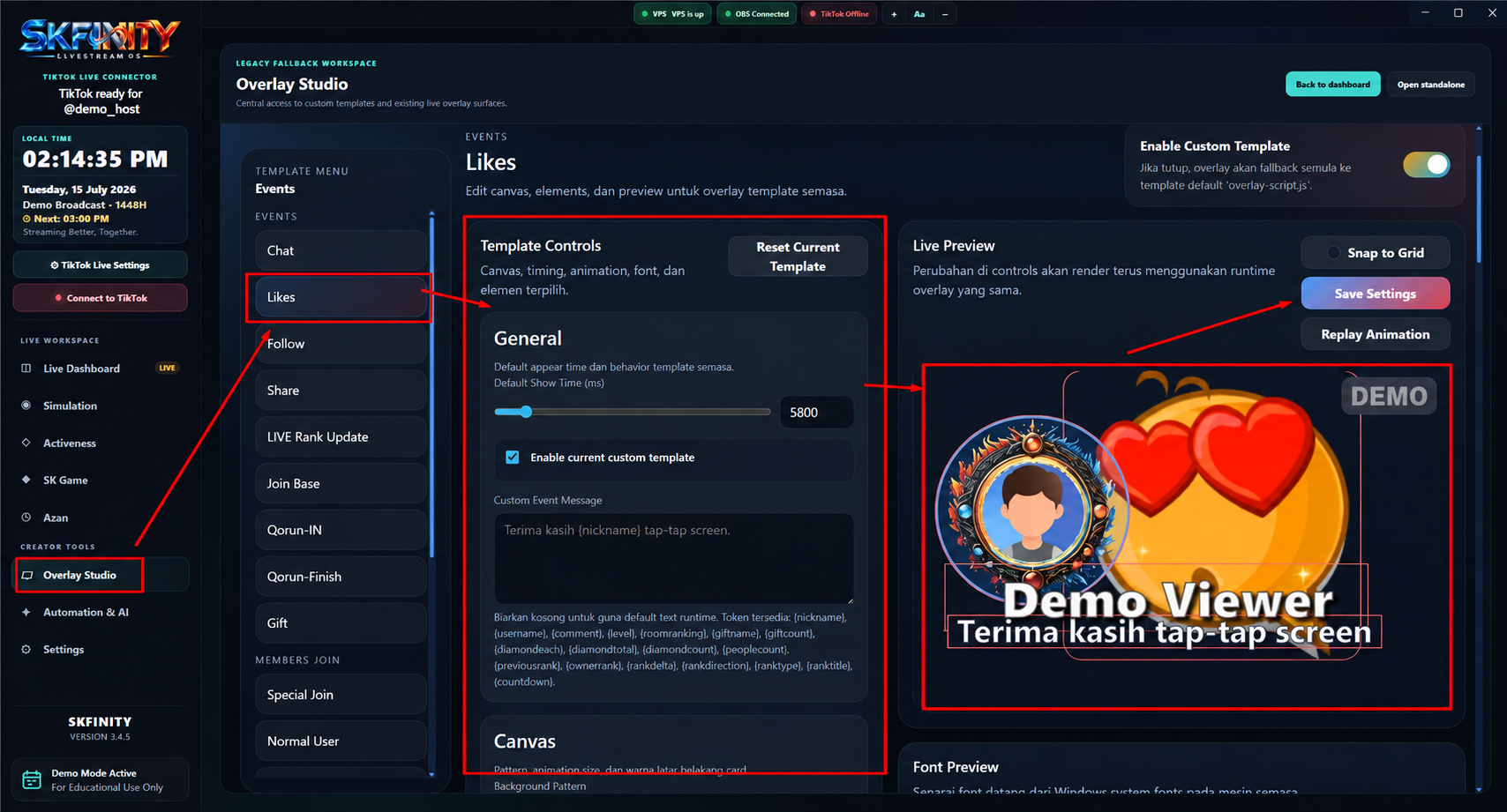 Rekreasi privacy-safe Overlay Studio memilih Likes dan menyimpan custom template