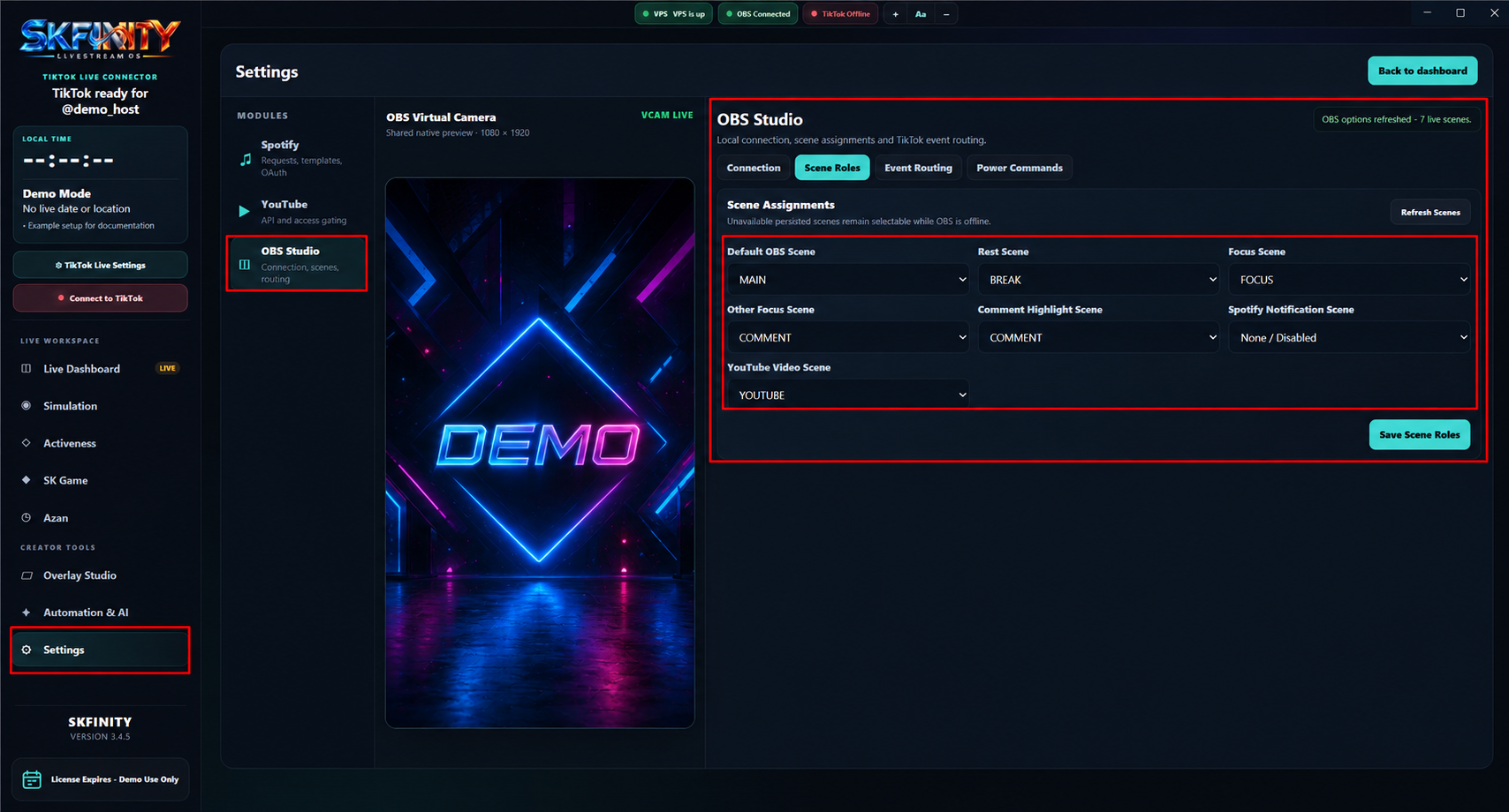 Rekreasi SKFINITY Scene Roles dengan pilihan scene OBS demo