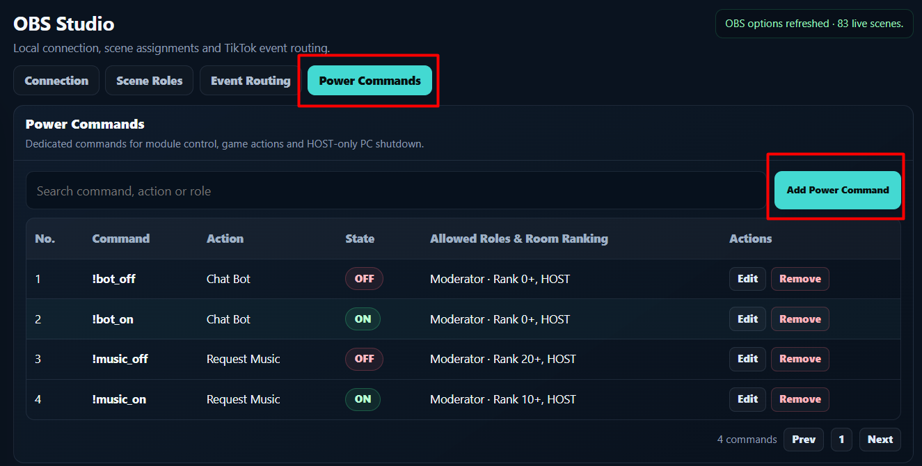 Jadual OBS Studio Power Commands dengan command dan allowed roles