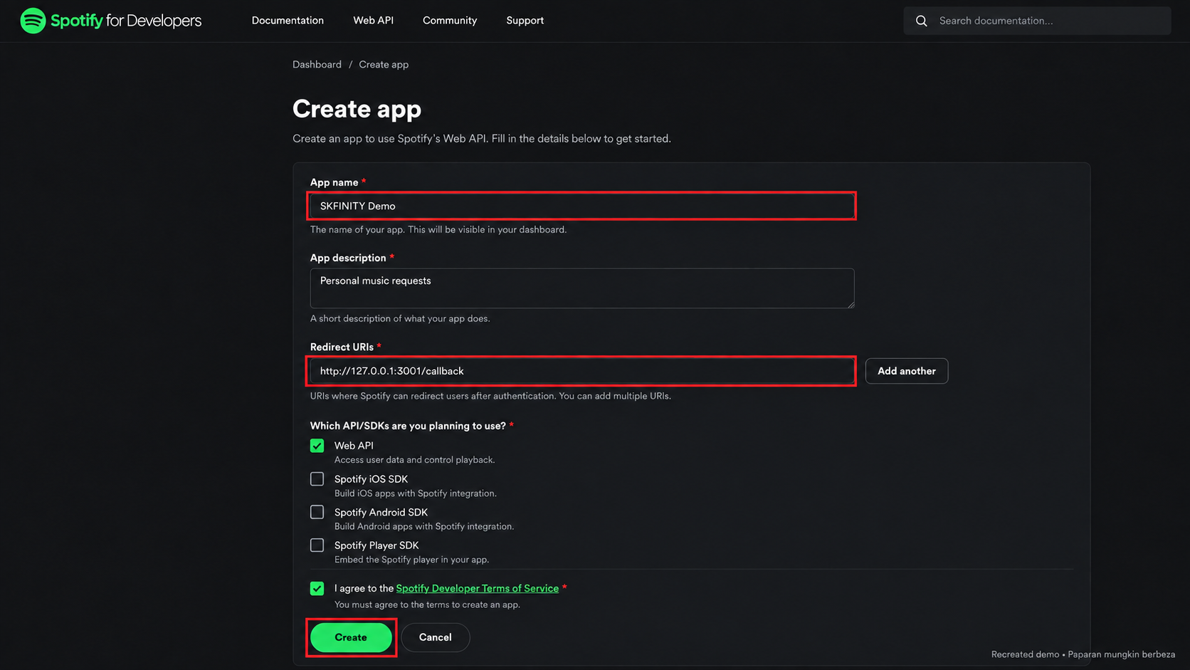 Rekreasi Spotify Developer Dashboard menunjukkan borang Create app dengan data demo