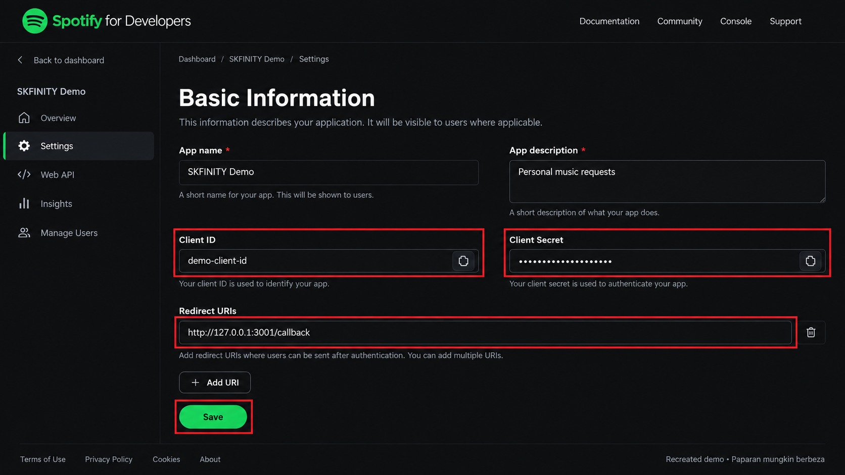 Rekreasi Spotify app settings menunjukkan redirect URI 127.0.0.1 port 3001 callback