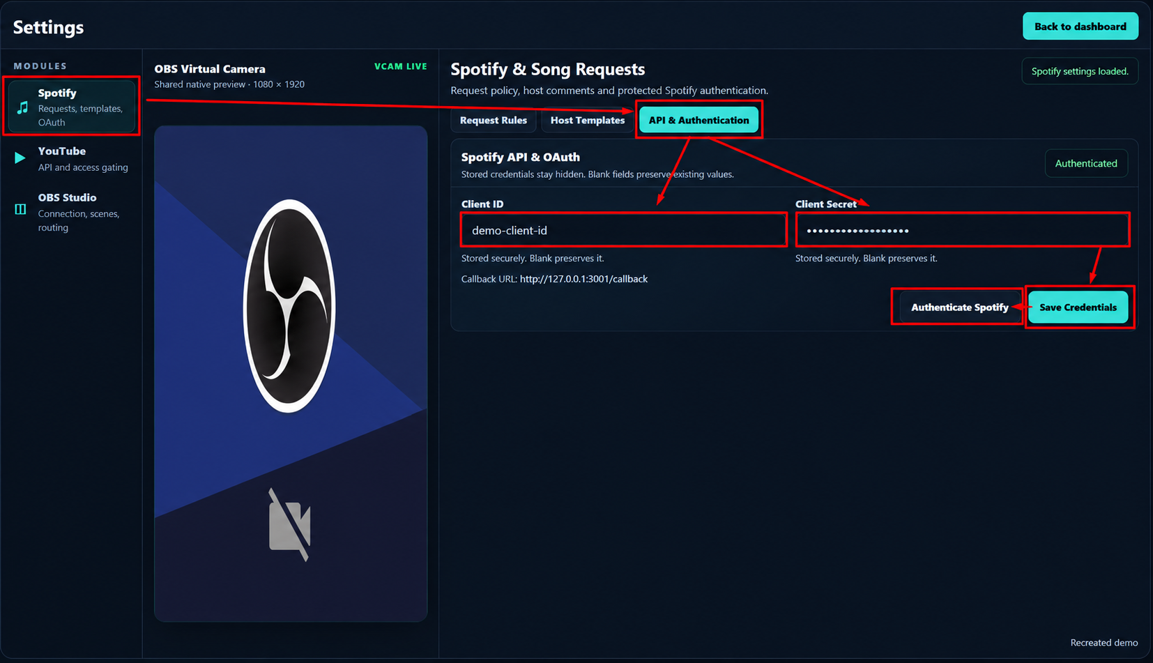 Rekreasi privacy-safe SKFINITY Spotify API and Authentication dengan credential demo tersembunyi