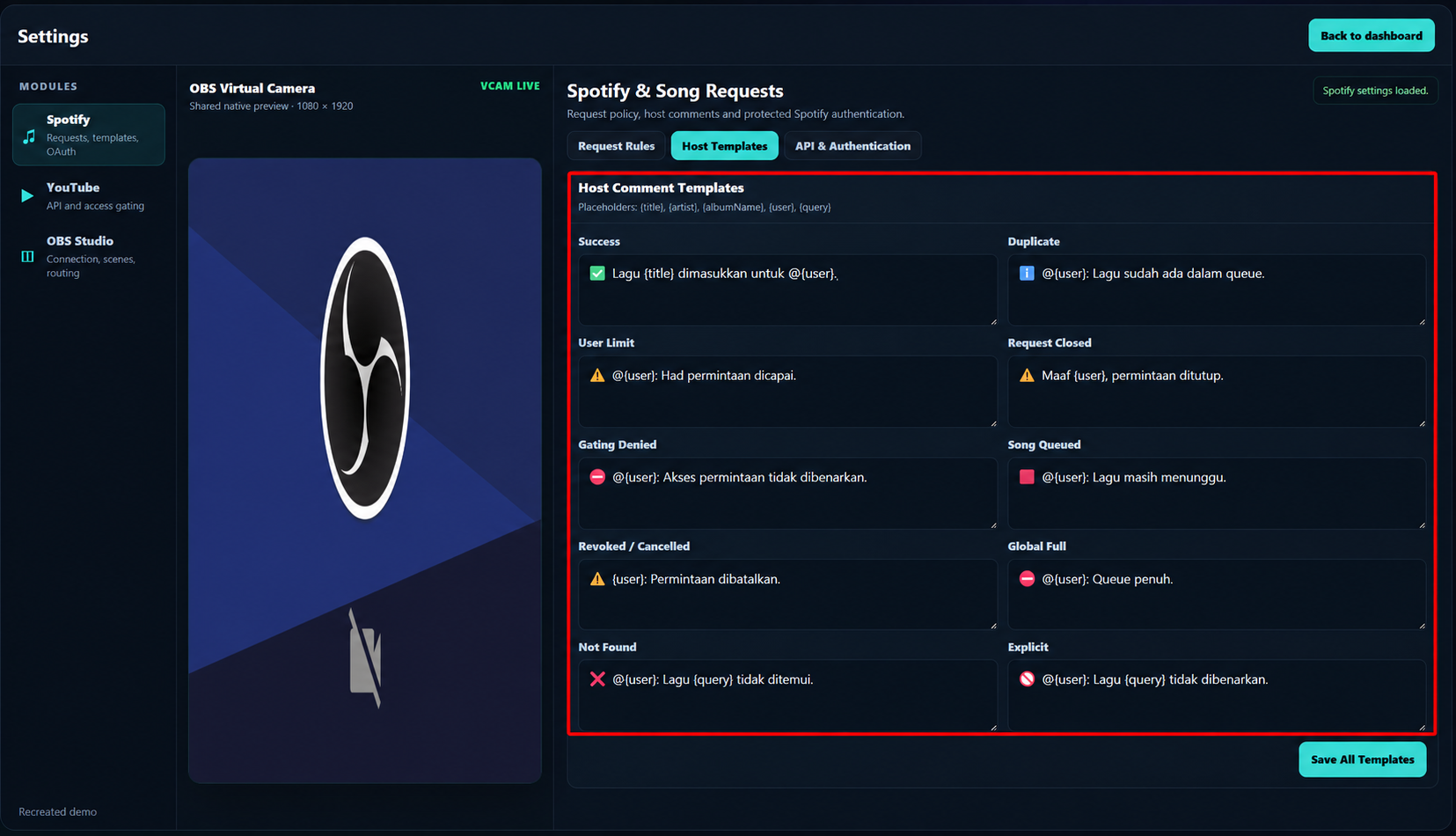 Rekreasi SKFINITY Spotify Host Comment Templates dengan nama pengguna demo