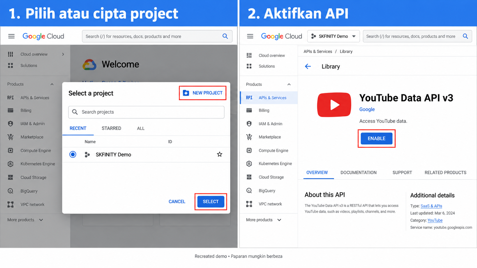 Rekreasi Google Cloud Console menunjukkan project demo dan YouTube Data API v3 Enable