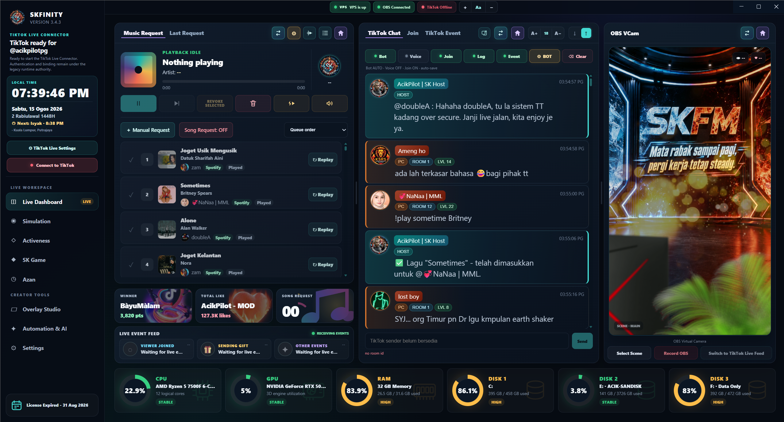 Live Dashboard SKFINITY: queue Music Request di kiri, TikTok Chat di tengah dan preview OBS di kanan