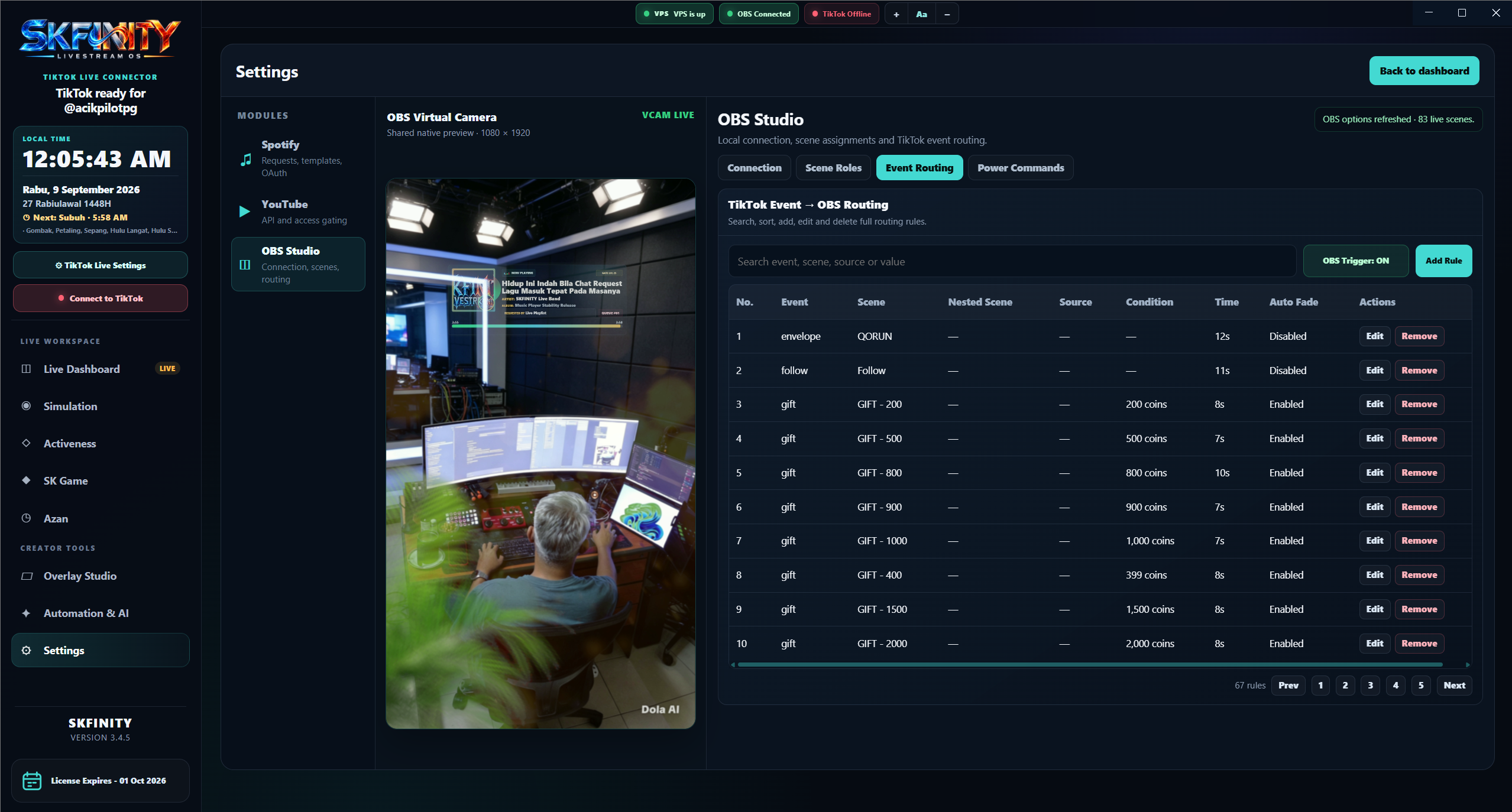 Tetapan OBS SKFINITY dengan jadual event, scene, condition, tempoh dan Auto Fade serta preview kamera