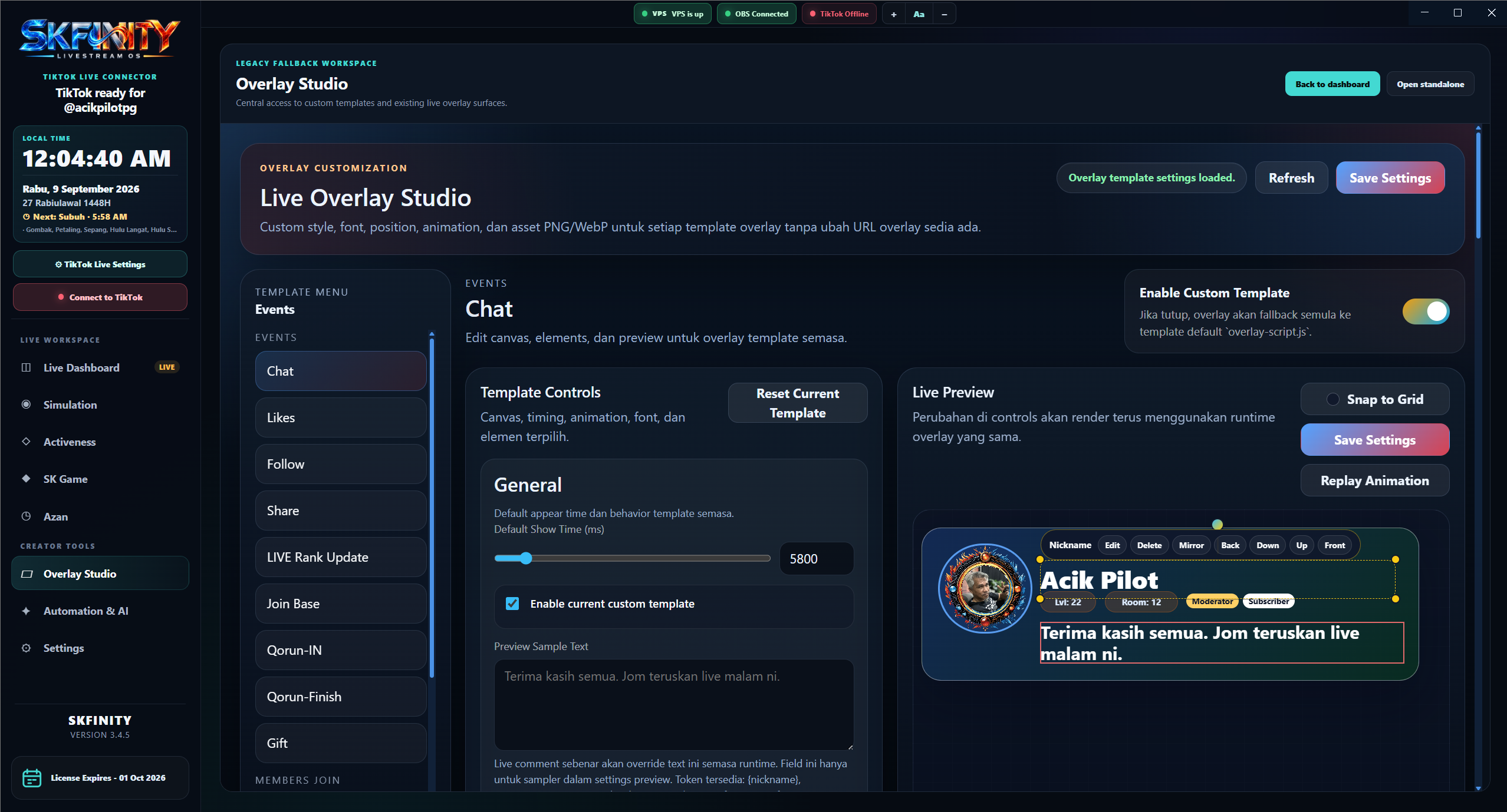 Paparan sebenar SKFINITY Overlay Chat: Bentuk paparan chat mengikut identiti siaran anda.