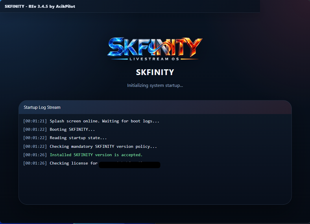 Paparan sebenar SKFINITY Permulaan Aplikasi: Lihat status aplikasi sejak mula dibuka.